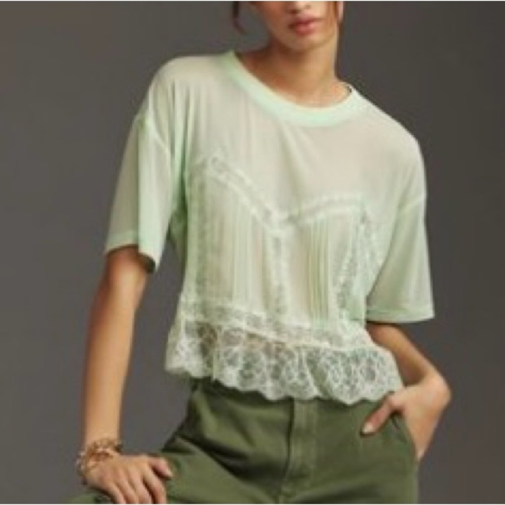 Anthropologie Green Sheer Lace Top ~ L